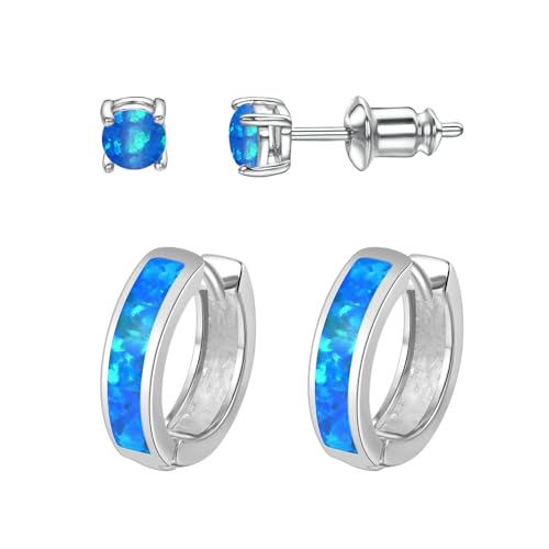 Vogem Blau Opal Ohrstecker Creolen Ohrringe für Damen Mädchen Created Opal Huggie Creolen Ohrringe Set Kleiner Schmuck von VOGEM