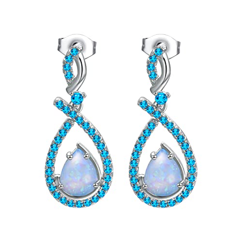 Vogem Opal Tropfen-Ohrringe für Damen Ovalem Pave Zirconia Baumelnde Ohrringe Created Opal Teardrop Hängend Ohrstecker Hypoallergen Schmuck(Blau) von VOGEM