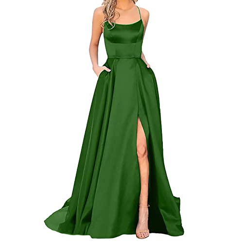 vohiko Satin Abendkleid Damen Lang Elegantes A-Linie Ballkleid mit hohem Schlitz Sexy rückenfreies Cocktailkleid Spaghettiträger Abschlusskleid Langes Partykleid Sexy (Z0B-Green, S) von vohiko