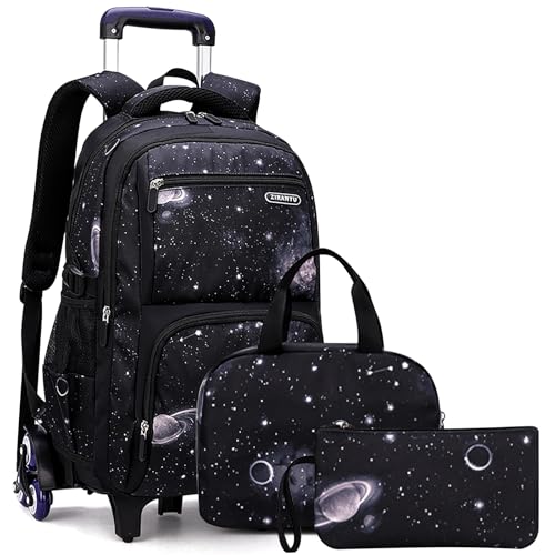 Voici et Voila 4 PCS Schulrucksack Jungen Teenager Trolley Kinder Schulranzen Jungen Wanderrucksack Schultasche Kinder Koffer Rucksack mit Rollen Mädchen Teenager Galaxy Schwarz 30 * 23 * 46cm von Voici et Voila