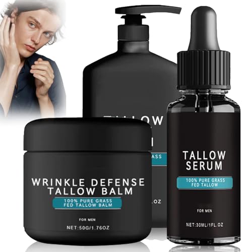 Wrinkle Defense Tallow Balm,Anti Wrinkle Anti Aging Forge Skin Care Set for Men-Tallow Gesichtsfeuchtigkeitscreme+Tallow Night Serum+Tallow Gesichtswäsche,Natural Tallow Reduzieren Sie feine Linien von vokkrv