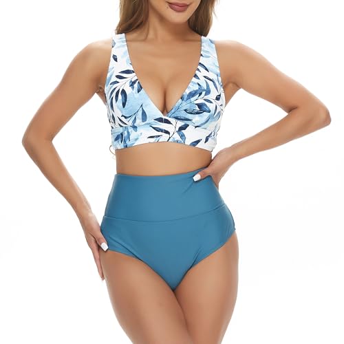 Bikini Damen Set High Waist Raffungen Bauchweg Zweiteiliger Badeanzug V Ausschnitt Push Up Komfort Breite Träger Bademode Swimsuit (Blaue Blätter, L) von wadizo