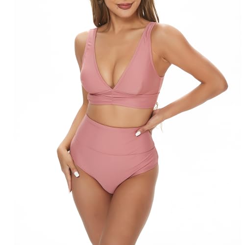 Bikini Damen Set High Waist Raffungen Bauchweg Zweiteiliger Badeanzug V Ausschnitt Push Up Komfort Breite Träger Bademode Swimsuit (Rosa, L) von wadizo