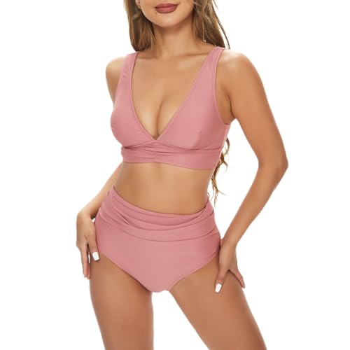 Bikini Damen Set High Waist Raffungen Bauchweg Zweiteiliger Badeanzug V Ausschnitt Push Up Komfort Breite Träger Bademode Swimsuit (Rosa, S) von wadizo