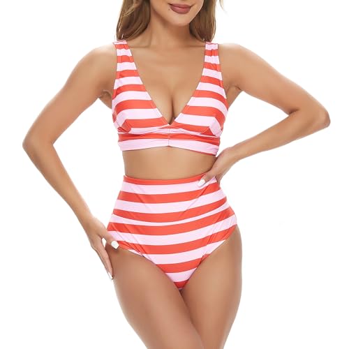 Bikini Damen Set High Waist Raffungen Bauchweg Zweiteiliger Badeanzug V Ausschnitt Push Up Komfort Breite Träger Bademode Swimsuit (Rote Streifen, M) von wadizo