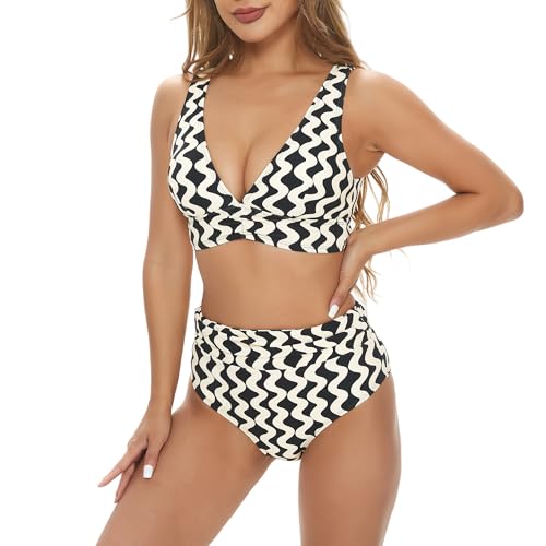 Bikini Damen Set High Waist Raffungen Bauchweg Zweiteiliger Badeanzug V Ausschnitt Push Up Komfort Breite Träger Bademode Swimsuit (Schwarz & Beige, L) von wadizo