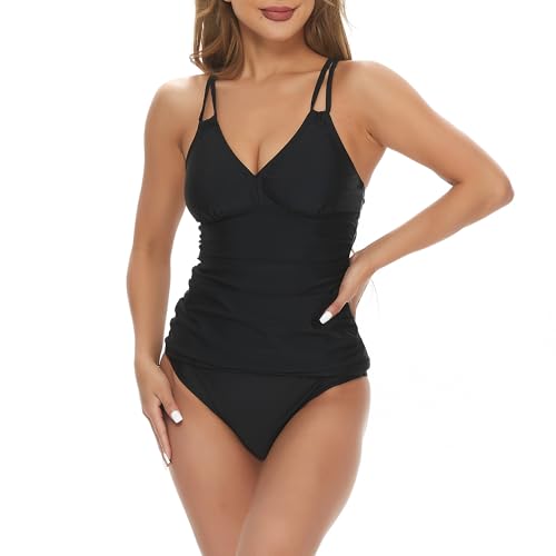 Tankini Damen Bauchweg Set Push Up Rüschen Zweiteilige Badeanzug High Waist Bikini Bademode Halter V-Ausschnitt Top (Schwarz, L) von wadizo