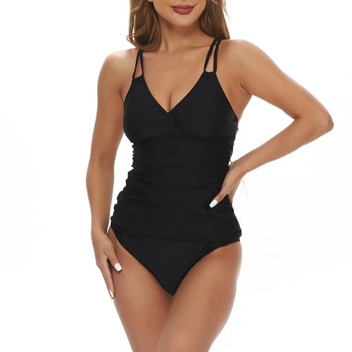 Tankini Damen Bauchweg Set Push Up Rüschen Zweiteilige Badeanzug High Waist Bikini Bademode Halter V-Ausschnitt Top (Schwarz, S) von wadizo