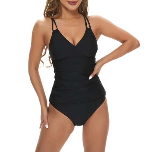 Tankini Damen Bauchweg Set Push Up Rüschen Zweiteilige Badeanzug High Waist Bikini Bademode Halter V-Ausschnitt Top (Schwarz, XS) von wadizo