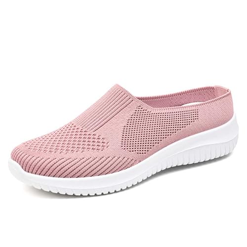 Breite Orthopädische Hausschuhe für Damen, Slip-On fWanderschuhe mit Fußgewölbeunterstützung, Atmungsaktive Gestrickte Pantoletten Rutschfeste Leichte Clogs für Diabetische Ballenzehen,Rosa,38 von wangdahua