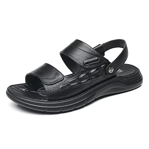 Herren Casual PU Leder Sandalen Outdoor Walking Hausschuhe Sommer Atmungsaktive Fischer Strand Schuhe Peep Toe Rutschfeste Slipper Einstellbar,Schwarz,44 von wangdahua