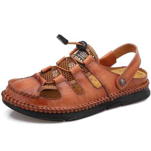 Herren Fischer Sandalen Außenbereich Verstellbare Hausschuhe Sommer Rutschfest Geschlossene Zehen Strandschuhe Weiches Pu-Leder Anti-Kollisions Sportliche Wandersandalen,Braun,39 von wangdahua