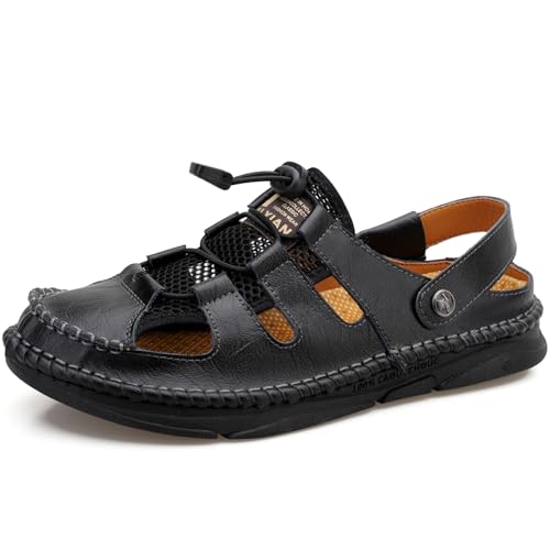 Herren Fischer Sandalen Außenbereich Verstellbare Hausschuhe Sommer Rutschfest Geschlossene Zehen Strandschuhe Weiches Pu-Leder Anti-Kollisions Sportliche Wandersandalen,Schwarz,43 von wangdahua