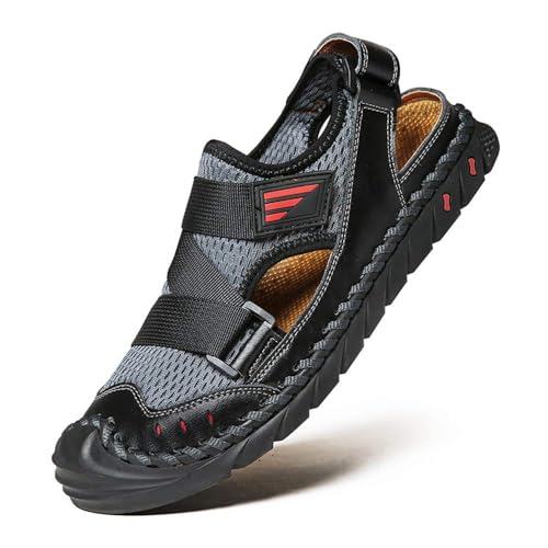 Herren Fischer Strandsandalen Verstellbar Geschlossener Zehenbereich Sandalen PU-Leder Rutschfest Ausgehöhlt Wasserschuhe Sommer Outdoor Anti-Kollisions Wandern Sportliche Sandalen,Schwarz,38 von wangdahua