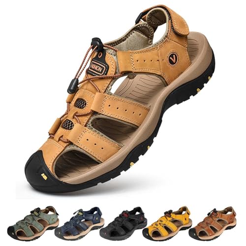 Herren Fischersandalen Sommer Geschlossene Zehen Sportsandalen Verstellbare PU-Leder Wandersandalen Anti-Kollisions Strandschuhe Rutschfeste Ausgehöhlte Wasserschuhe,Braun,46 von wangdahua