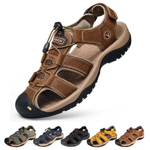 Herren Fischersandalen Sommer Geschlossene Zehen Sportsandalen Verstellbare PU-Leder Wandersandalen Anti-Kollisions Strandschuhe Rutschfeste Ausgehöhlte Wasserschuhe,Khaki,38 von wangdahua