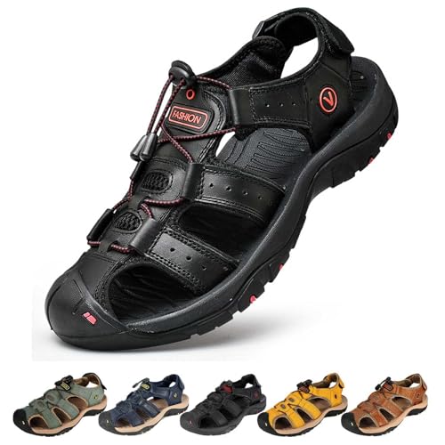 Herren Fischersandalen Sommer Geschlossene Zehen Sportsandalen Verstellbare PU-Leder Wandersandalen Anti-Kollisions Strandschuhe Rutschfeste Ausgehöhlte Wasserschuhe,Schwarz,48 von wangdahua