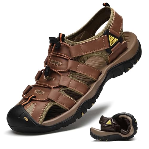 Herren Fischersandalen Sommer Sportliche Sandalen Sportsandalen Weiches Pu-Leder Geschlossene Zehen Strandschuhe Kollisionssichere Wandersandalen Rutschfeste Leichte Wasserschuhe,Braun,40 von wangdahua