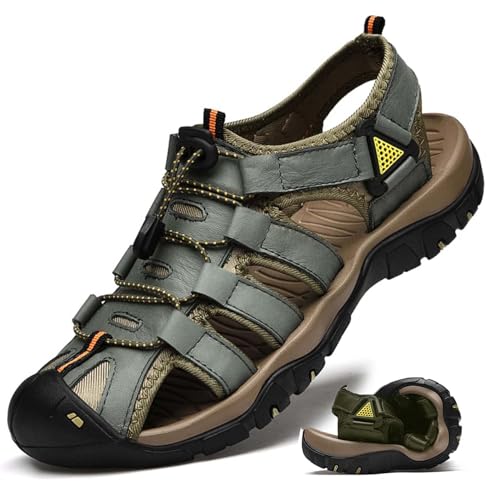 Herren Fischersandalen Sommer Sportliche Sandalen Sportsandalen Weiches Pu-Leder Geschlossene Zehen Strandschuhe Kollisionssichere Wandersandalen Rutschfeste Leichte Wasserschuhe,Grün,42 von wangdahua