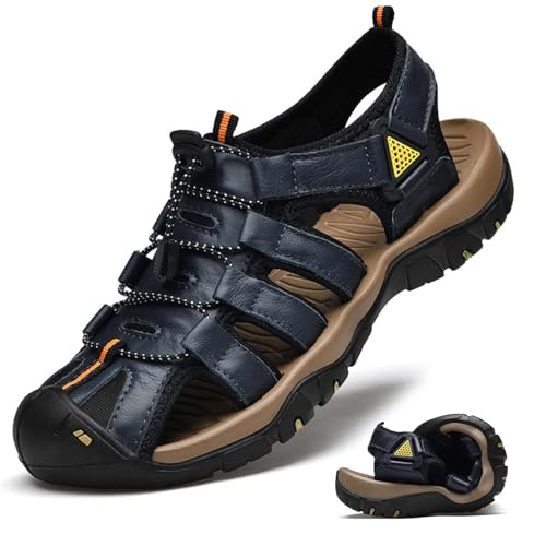 Herren Fischersandalen Sommer Sportliche Sandalen Sportsandalen Weiches Pu-Leder Geschlossene Zehen Strandschuhe Kollisionssichere Wandersandalen Rutschfeste Leichte Wasserschuhe,Marine,45 von wangdahua