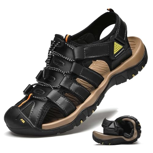 Herren Fischersandalen Sommer Sportliche Sandalen Sportsandalen Weiches Pu-Leder Geschlossene Zehen Strandschuhe Kollisionssichere Wandersandalen Rutschfeste Leichte Wasserschuhe,Schwarz,39 von wangdahua