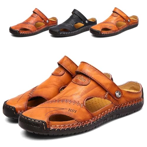 Herren Geschlossener Zehenpartie Sandalen Hausschuhe Verstellbare Fischerschuhe Slip-On Pu-Leder Atmungsaktive Strandsandalen Kollisionsschutz Sommer Wandern Sportliche Sandalen Im Freien,Braun,38 von wangdahua