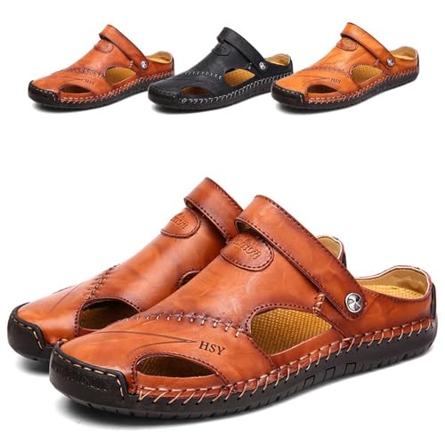 Herren Geschlossener Zehenpartie Sandalen Hausschuhe Verstellbare Fischerschuhe Slip-On Pu-Leder Atmungsaktive Strandsandalen Kollisionsschutz Sommer Wandern Sportliche Sandalen Im Freien,Khaki,38 von wangdahua