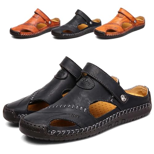 Herren Geschlossener Zehenpartie Sandalen Hausschuhe Verstellbare Fischerschuhe Slip-On Pu-Leder Atmungsaktive Strandsandalen Kollisionsschutz Sommer Wandern Sportliche Sandalen Im Freien,Schwarz,38 von wangdahua