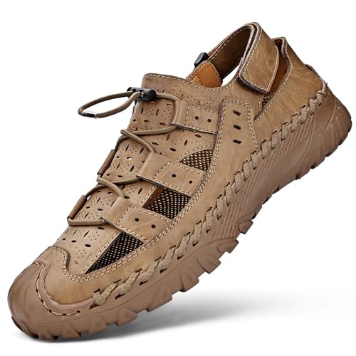 Herren Geschlossener Zehenpartie Sandalen Pu-Leder Atmungsaktive Wandersandalen Leichte Sommer Fischer-Strandschuhe Rutschfeste Ausgehöhlte Wasserschuhe, Kollisionssichere Zehenkappe,Braun,43 von wangdahua