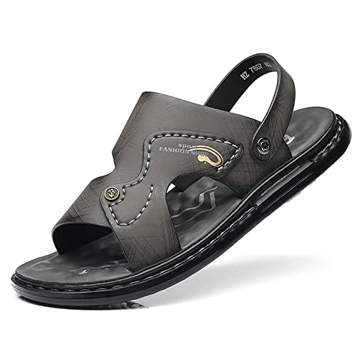 Herren Hausschuhe mit Fußgewölbestütze, PU-Leder Outdoor Sandalen Peep-Toe Rutschfeste Fischer-Strandschuhe Atmungsaktiv Sommer Freizeit Slipper,Grau,41 von wangdahua