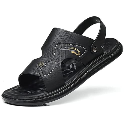 Herren Hausschuhe mit Fußgewölbestütze, PU-Leder Outdoor Sandalen Peep-Toe Rutschfeste Fischer-Strandschuhe Atmungsaktiv Sommer Freizeit Slipper,Schwarz,38 von wangdahua