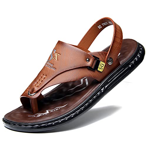 Herren Hausschuhe mit Fußgewölbeunterstützung, Verstellbare Orthopädische Tanga-Sandalen PU-Leder Sommer Peep-Toe Slipper Strandschuhe Rutschfeste Outdoor Flip-Flops,Braun,39 von wangdahua