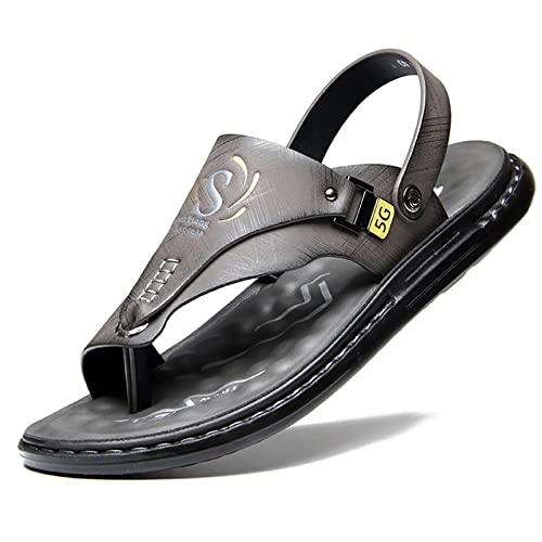 Herren Hausschuhe mit Fußgewölbeunterstützung, Verstellbare Orthopädische Tanga-Sandalen PU-Leder Sommer Peep-Toe Slipper Strandschuhe Rutschfeste Outdoor Flip-Flops,Grau,38 von wangdahua