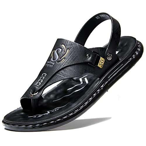 Herren Hausschuhe mit Fußgewölbeunterstützung, Verstellbare Orthopädische Tanga-Sandalen PU-Leder Sommer Peep-Toe Slipper Strandschuhe Rutschfeste Outdoor Flip-Flops,Schwarz,38 von wangdahua