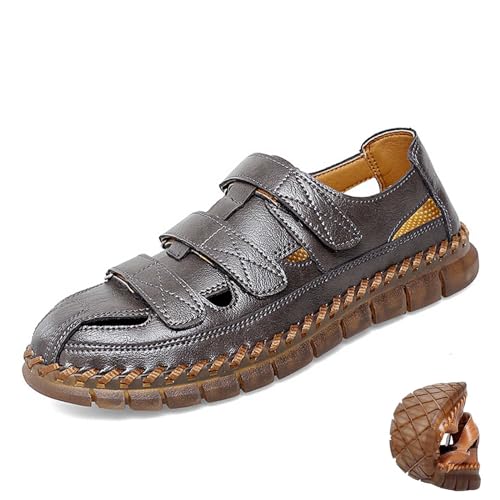 Herren Leichte Pu-Leder Sandalen Rutschfeste Fischer-Sandalen Atmungsaktive Sommer Strandschuhe Kollisionsschutz Geschlossene Zehen Sportliche Sandalen Verstellbarer Riemen Wasserschuhe,Grau,43 von wangdahua