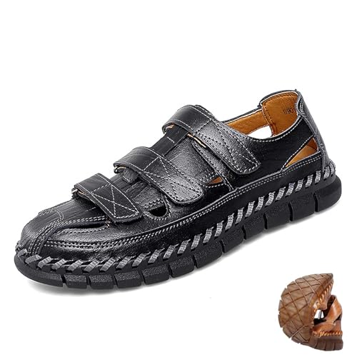 Herren Leichte Pu-Leder Sandalen Rutschfeste Fischer-Sandalen Atmungsaktive Sommer Strandschuhe Kollisionsschutz Geschlossene Zehen Sportliche Sandalen Verstellbarer Riemen Wasserschuhe,Schwarz,41 von wangdahua