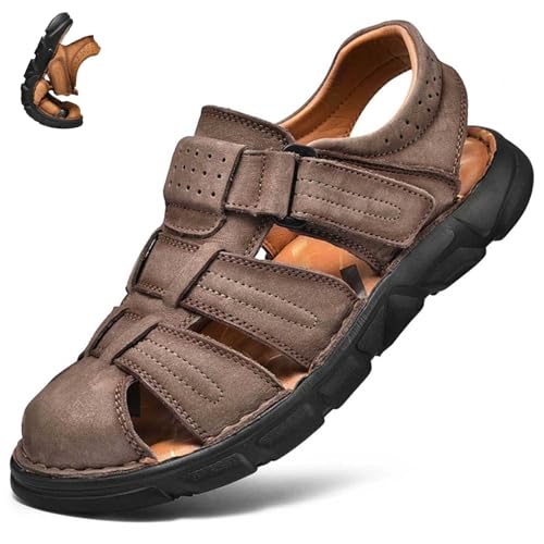 Herren Outdoor Wander-Sportsandalen Atmungsaktiv Pu-Leder Geschlossene Zehen Strandschuhe Wasserdichte Fischer-Sandalen Kollisionssichere Rutschfeste Wasserschuhe,Khaki,38 von wangdahua