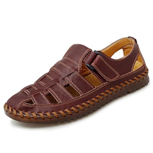 Herren PU-Leder Fischer Sandalen Sommer Geschlossene Zehen Strandschuhe Rutschfeste Wasserschuhe Weiche Atmungsaktive Anti-Kollisions Wandersandalen,Burgundy,39 von wangdahua