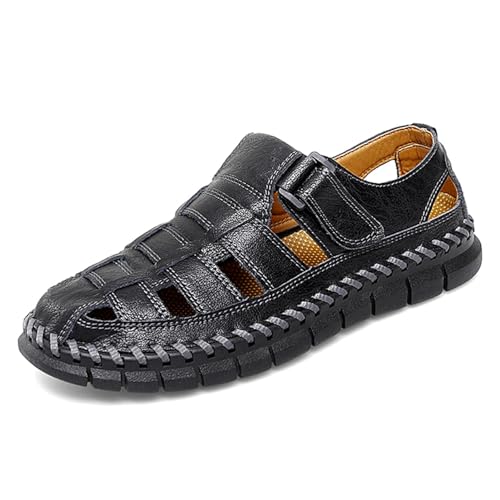 Herren PU-Leder Fischersandalen Sommer Wandern Sportsandalen Atmungsaktiv Geschlossene Zehen Strandschuhe Weiche Rutschfeste Wasserschuhe mit Anti-Kollisions Toecop,Schwarz,41 von wangdahua