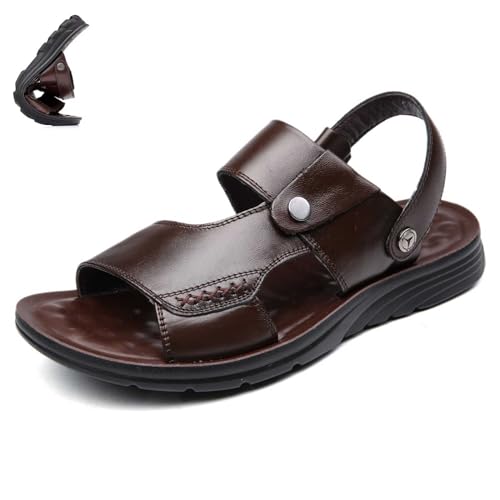 Herren PU-Leder Sandalen Verstellbare Flache Hausschuhe Peep-Toe Rutschfeste Sommer Strandschuhe Atmungsaktiv Bequem Outdoor Wandersandalen Slippers,Braun,39 von wangdahua