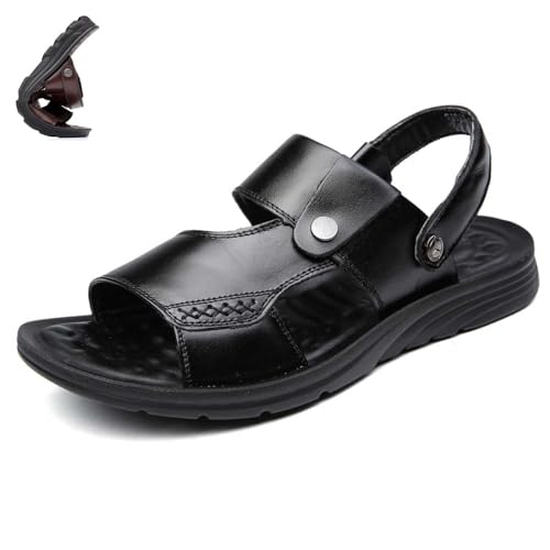 Herren PU-Leder Sandalen Verstellbare Flache Hausschuhe Peep-Toe Rutschfeste Sommer Strandschuhe Atmungsaktiv Bequem Outdoor Wandersandalen Slippers,Schwarz,43 von wangdahua