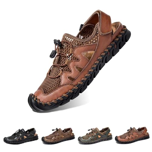 Herren Pu-Leder Mesh Sandalen Kollisionssicher Geschlossener Zehenbereich Fischer Strandsandalen Atmungsaktiv Leicht Wandern Sportliche Sandalen Handgefertigte Rutschfeste Wasserschuhe,Braun,46 von wangdahua