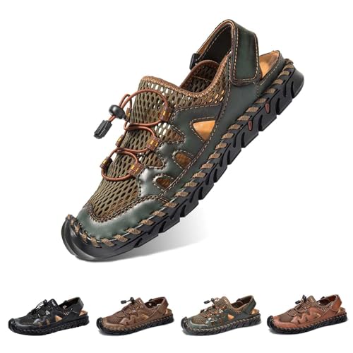 Herren Pu-Leder Mesh Sandalen Kollisionssicher Geschlossener Zehenbereich Fischer Strandsandalen Atmungsaktiv Leicht Wandern Sportliche Sandalen Handgefertigte Rutschfeste Wasserschuhe,Grün,39 von wangdahua