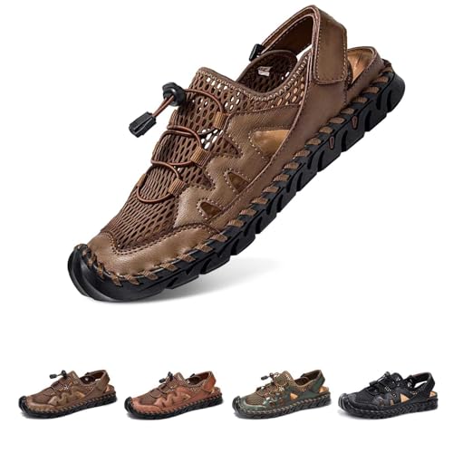 Herren Pu-Leder Mesh Sandalen Kollisionssicher Geschlossener Zehenbereich Fischer Strandsandalen Atmungsaktiv Leicht Wandern Sportliche Sandalen Handgefertigte Rutschfeste Wasserschuhe,Khaki,38 von wangdahua