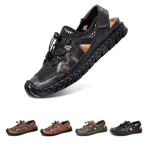 Herren Pu-Leder Mesh Sandalen Kollisionssicher Geschlossener Zehenbereich Fischer Strandsandalen Atmungsaktiv Leicht Wandern Sportliche Sandalen Handgefertigte Rutschfeste Wasserschuhe,Schwarz,38 von wangdahua