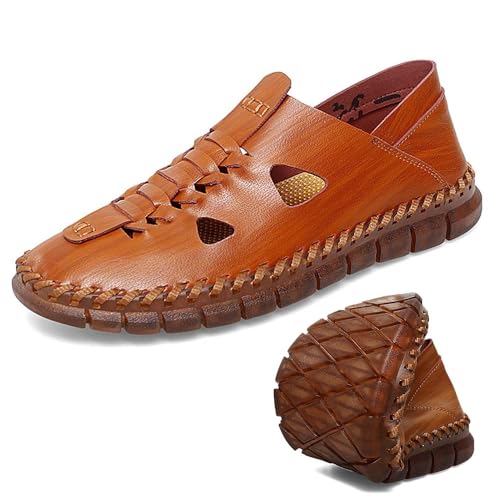 Herren Pu-Leder Sandalen Sommer Lässige Fischerschuhe Rutschfeste Ausgehöhlte Wasserschuhe Geschlossene Zehen Strandschuhe Kollisionssichere Atmungsaktive Sportsandalen,Braun,44 von wangdahua