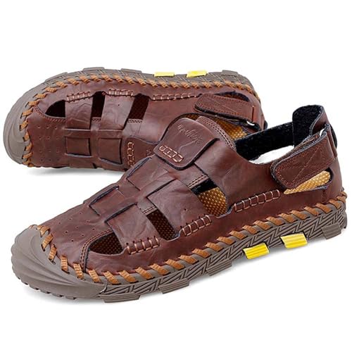 Herren Pu-Leder Sportsandalen Sommer Atmungsaktiv Strandschuhe Geschlossene Zehen Fischer Sandalen Kollisionssichere Zehenkappe Wanderschuhe Rutschfeste Wasserschuhe,Braun,38 von wangdahua