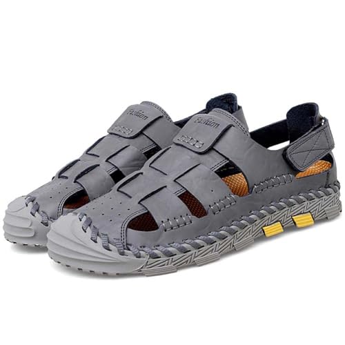 Herren Pu-Leder Sportsandalen Sommer Atmungsaktiv Strandschuhe Geschlossene Zehen Fischer Sandalen Kollisionssichere Zehenkappe Wanderschuhe Rutschfeste Wasserschuhe,Grau,40 von wangdahua