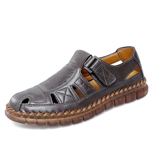 Herren Sommer Pu-Leder Sandalen Ausgehöhlt Atmungsaktiv Sportsandalen Geschlossene Zehen Strandschuhe Rutschfest Leicht Fischer Sandalen Wasserschuhe,Grau,43 von wangdahua