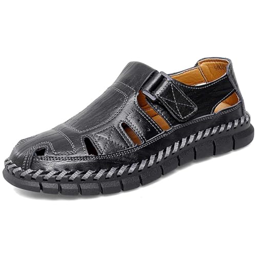 Herren Sommer Pu-Leder Sandalen Ausgehöhlt Atmungsaktiv Sportsandalen Geschlossene Zehen Strandschuhe Rutschfest Leicht Fischer Sandalen Wasserschuhe,Schwarz,41 von wangdahua